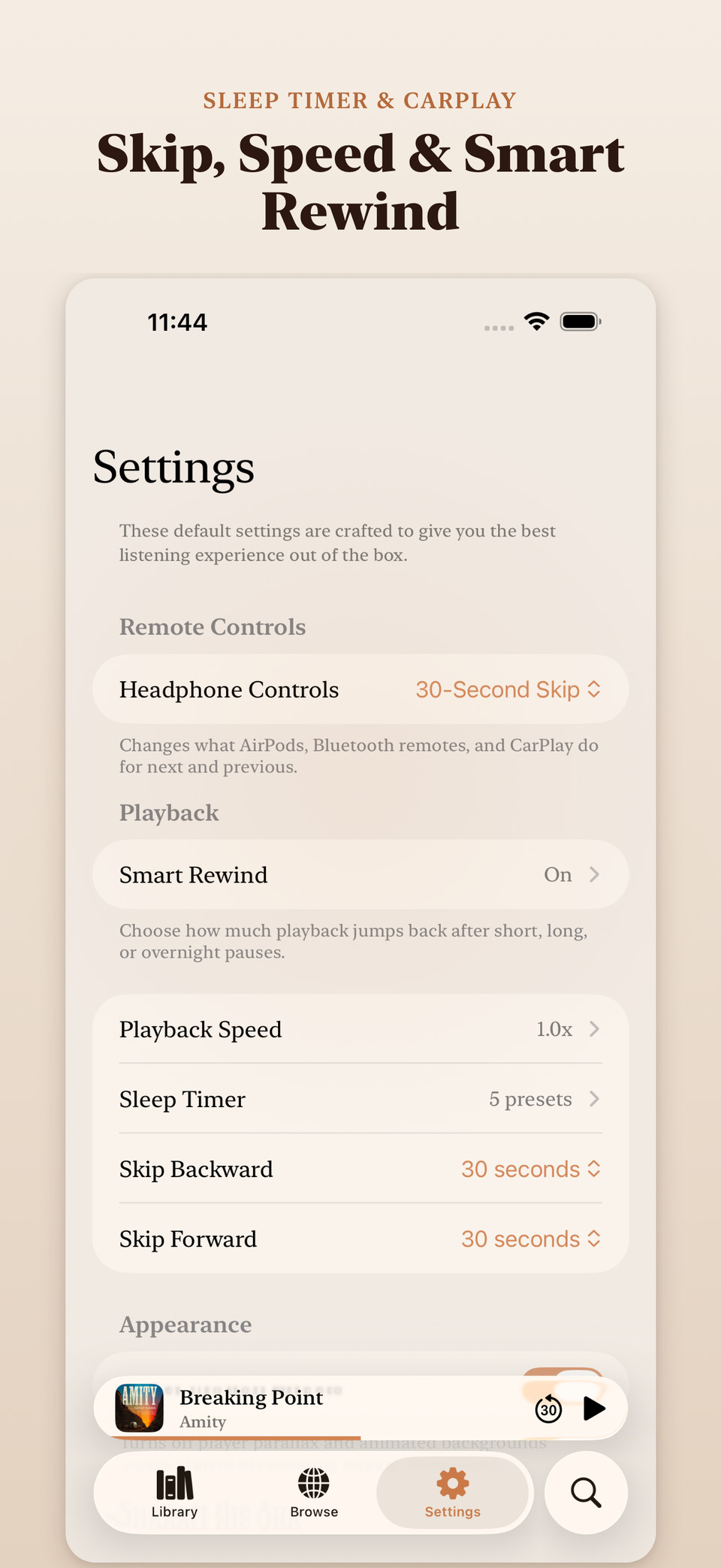 Playback settings view